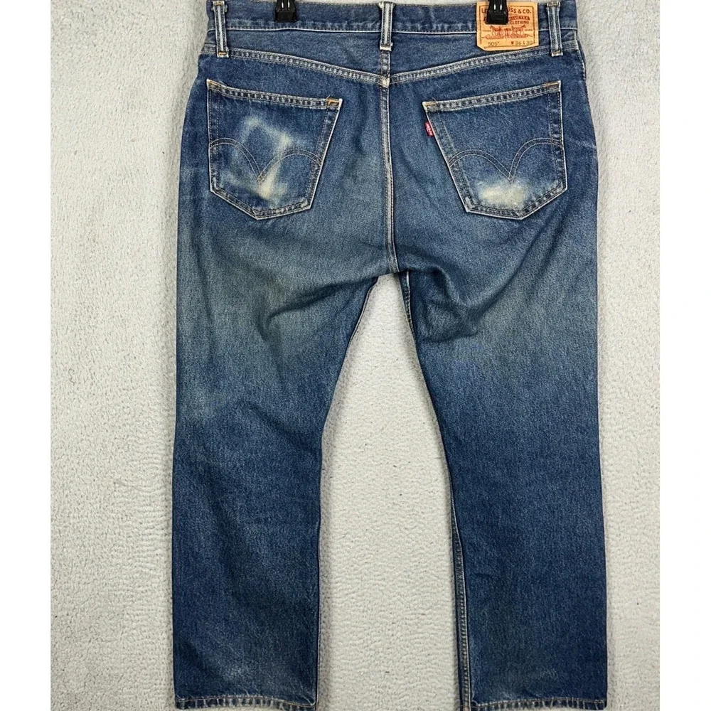 Levi 505 Jeans Mens 36X30 Blue Straight Fit Distressed 5 Pocket Red Tab Denim